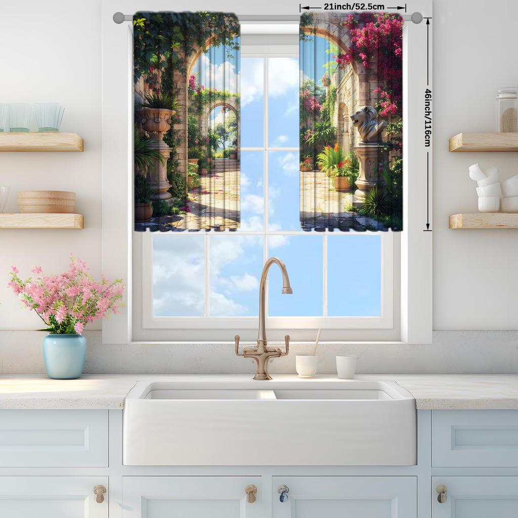 2pcs Romantic French Garden Arches Printed Curtains    Shade and Privacy Protection   Suitable for Decorating Various Rooms