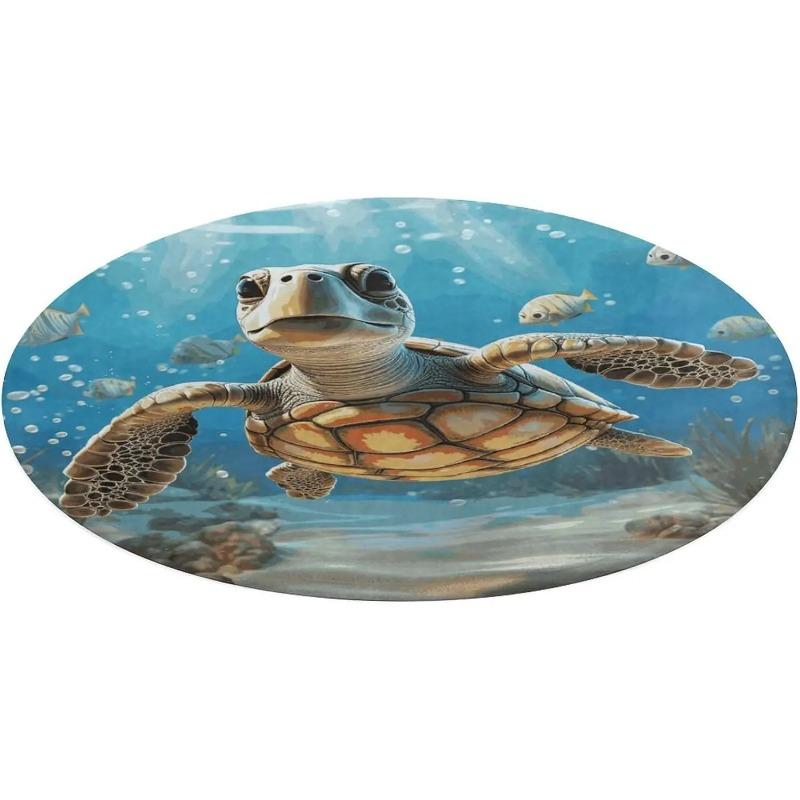 Cartoon Sea Turtle Round Rug Washable Area Rugs Indoor Circle Door Mat Soft Non-Slip Carpet for Living Room Bedroom Dining