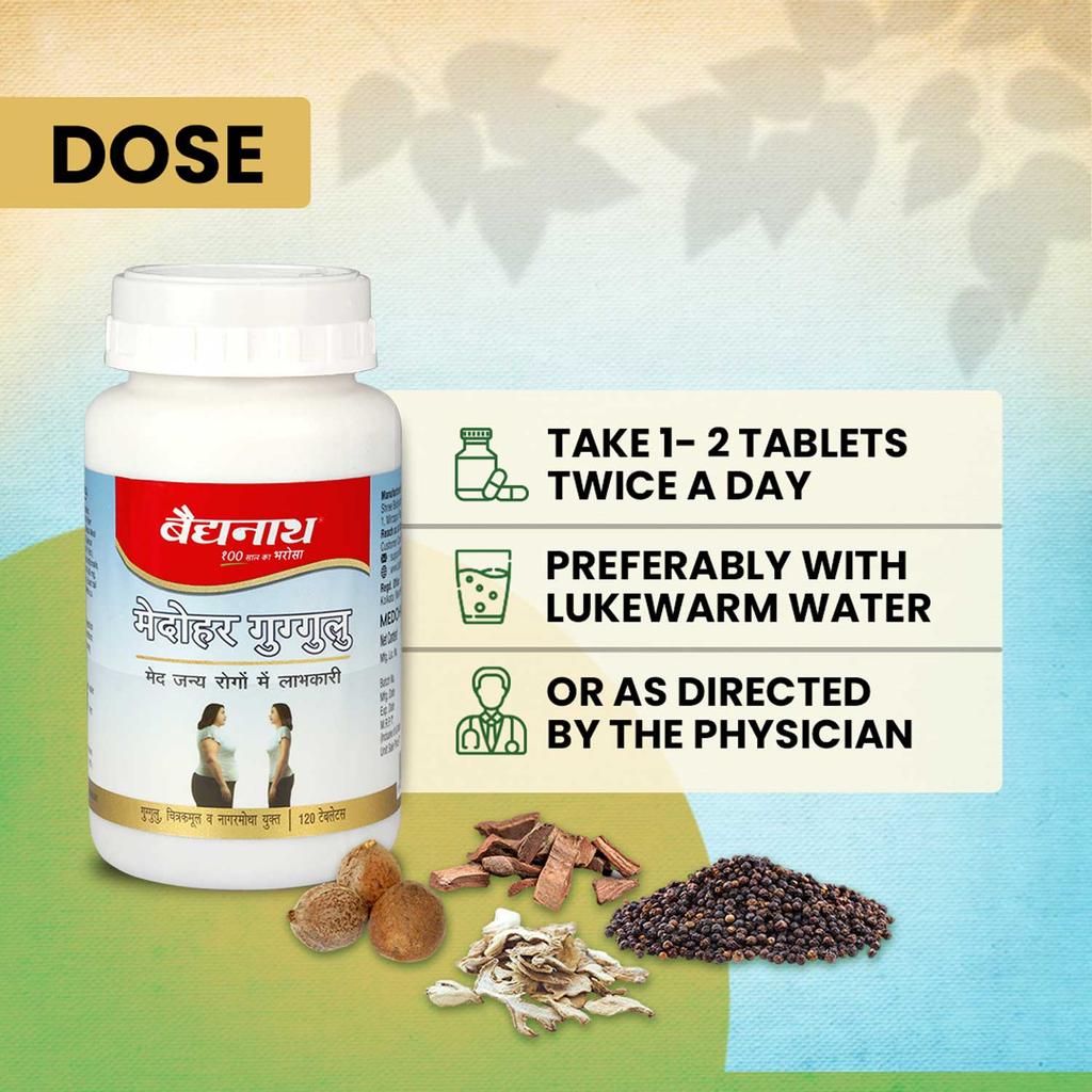Baidyanath Comprimate Medohar Guggulu Pentru Controlul Greutății și Suport Digestiv | 120 Comprimate | Formula Herbală de Echilibrare a Grăsimilor și Suport Energetic