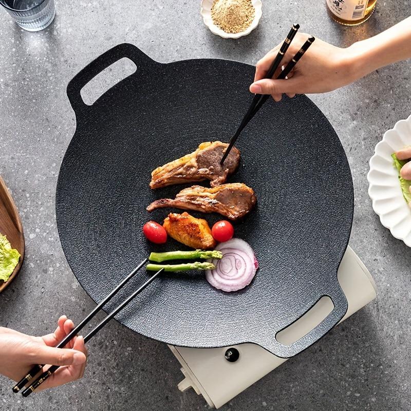 1pc Non-Stick Cast Iron Teppanyaki Grill & Frying Pan Portable Outdoor BBQ Grill Plate, Easy Clean for Camping, Picnics Backyard BBQ Outdoor Grilling