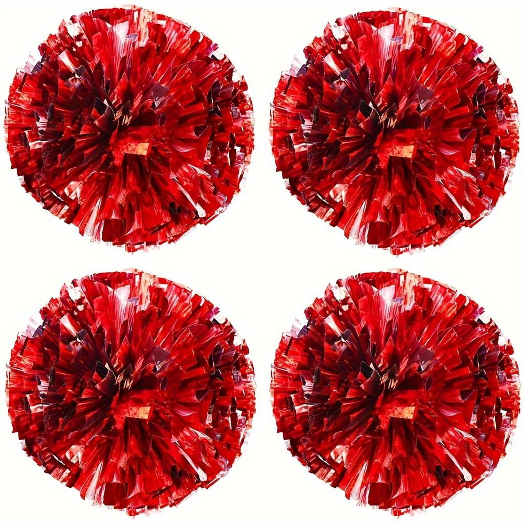 4 PCS (2 Pairs) Metallic Foil & Plastic Cheerleader Pom Poms - with Baton Handles for Sports Party, Dance Team & Cheerleading Spirit (Red/Silver)