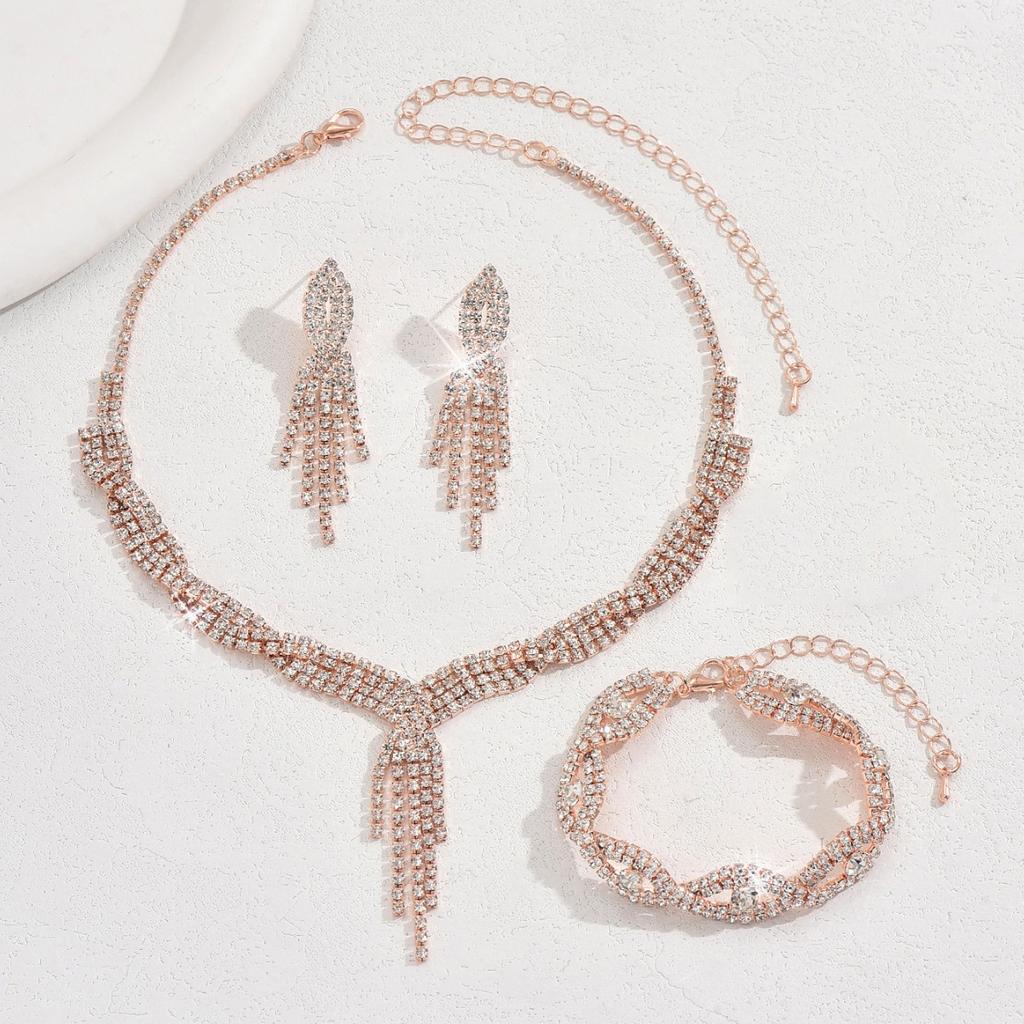 Three-piece Claw Chain Rhinestone Wedding Necklace Bridal Necklace Earrings Jewelry Banquet Jewelry Evening Dress Set