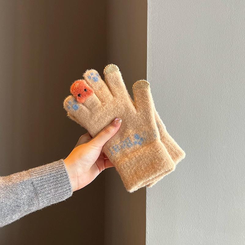 Gloves winter female ins cute thickened warm cold cycling student five fingers wool knitting autumn and winter