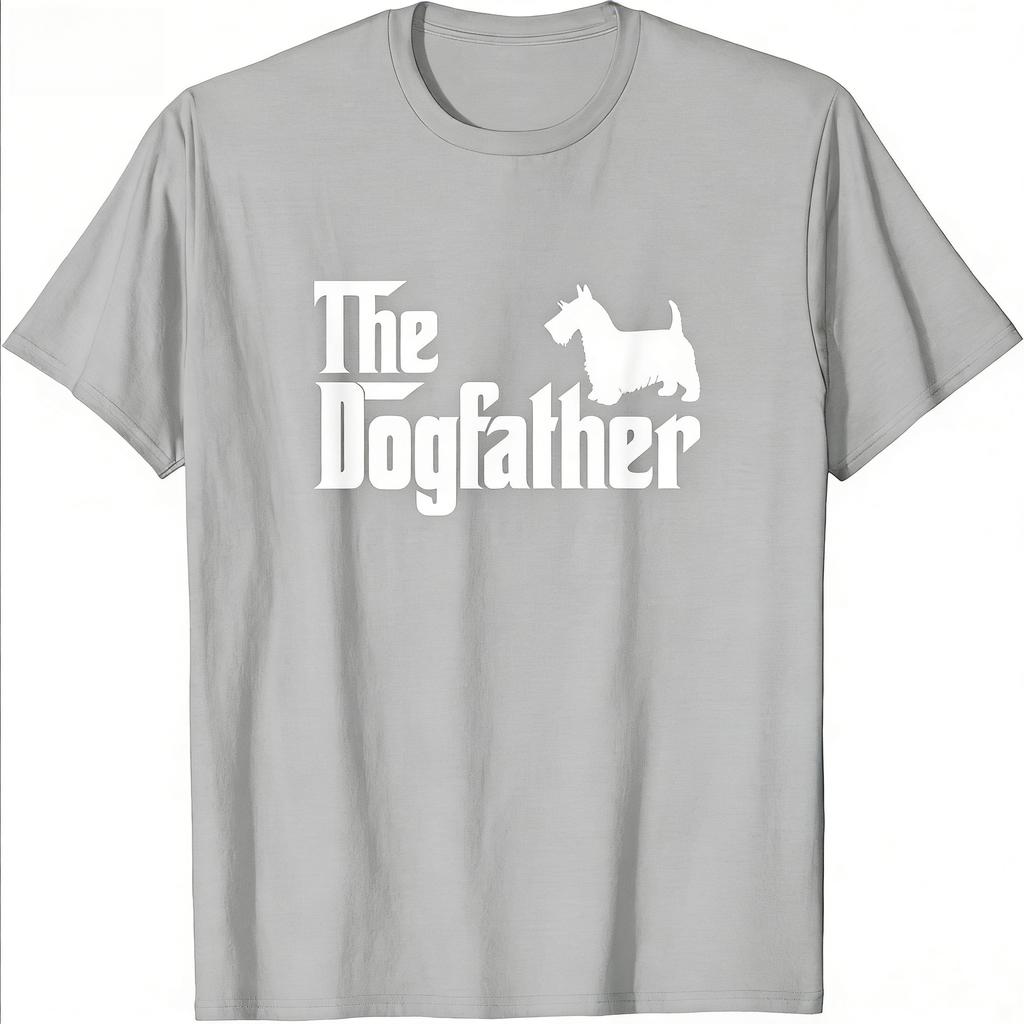 The Dogfather Scottish Terrier Silhouette Graphic Tee Short Sleeve Crewneck Shirt for Fathers Day Pure Cotton Tshirt Unisex