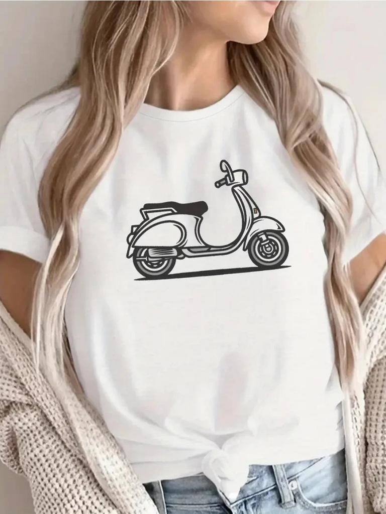 Summer Women's New Comfortable and Simple Street Style Motorcycle Pattern 3D Printed Round Neck Short Sleeved Plus Size T-shirt