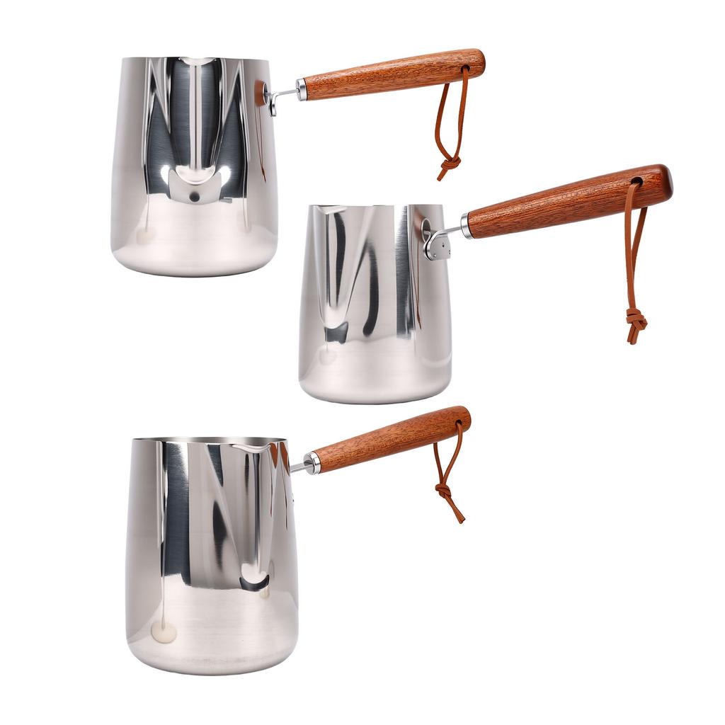 Milk Frothing Pitcher 304 Stainless Steel Milk Frother Cup with Wood Handle Spout for Coffee Art Heating Oil Melting