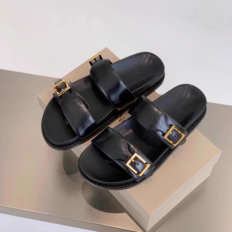 Leather version~ Slippers women's summer wear one-word platform sandals versatile casual beach soft-soled cool slippers