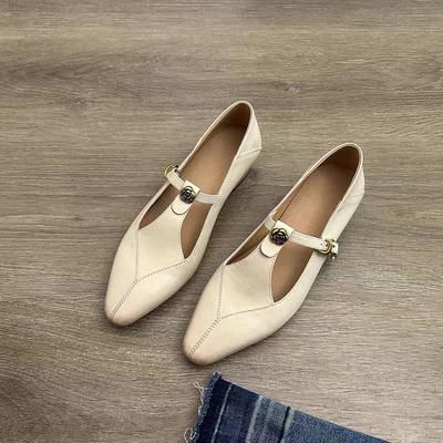 Cowhide Version~ One-word Buckle with Mary Jane Shoes, Shallow Mouth Hollow Retro Camellia Commuting Thick Heel Single Shoes Women