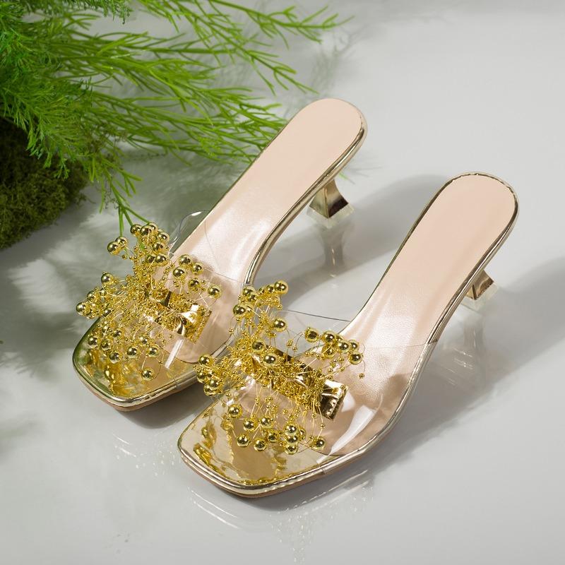 

Summer new style one-word pearl women s large-size high-heeled square-head cool slippers 35