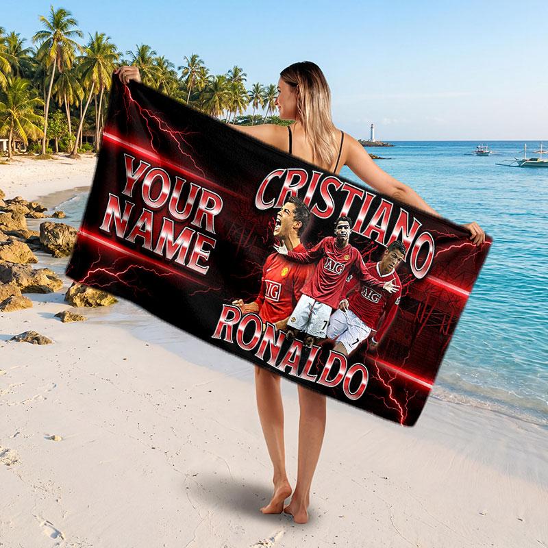 Cristiano Ronaldo Custom Beach Towel, Personalized Name Text Print, Football Logo Soft Quick‑Dry Towel Holiday Gift