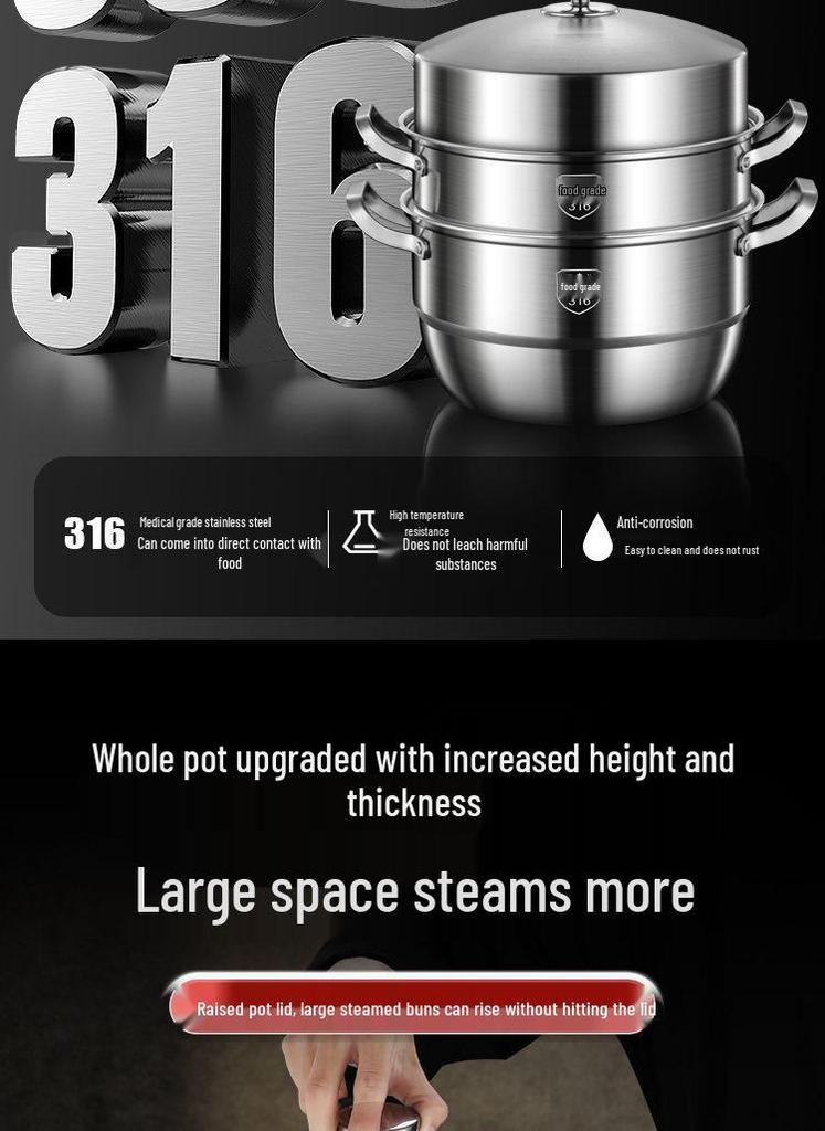 316 Stainless Steel High-Rise Steamer Pot, Extra Thick, Food-Grade, Large Capacity, Versatile 3-4 Layer Soup Pot
