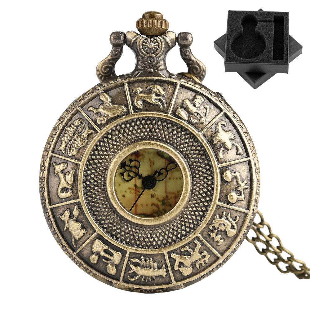 Antique Bronze Zodiac Star Sign Pocket Watch with Storage Box Retro Map Pattern Dial Necklace Watch Collection Gift Men Women