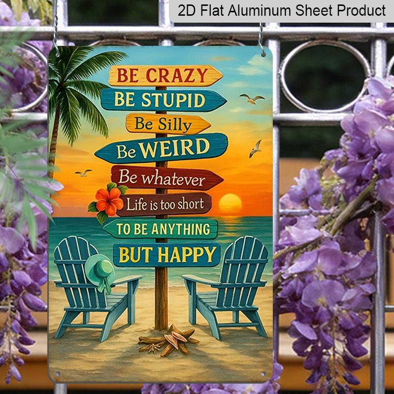 2D Flat - 1pc Ideal for Decorating Your Space, This AluminuSign Features a Relaxing Tropical Beach Scene with Palm Trees And Adirondack Chairs