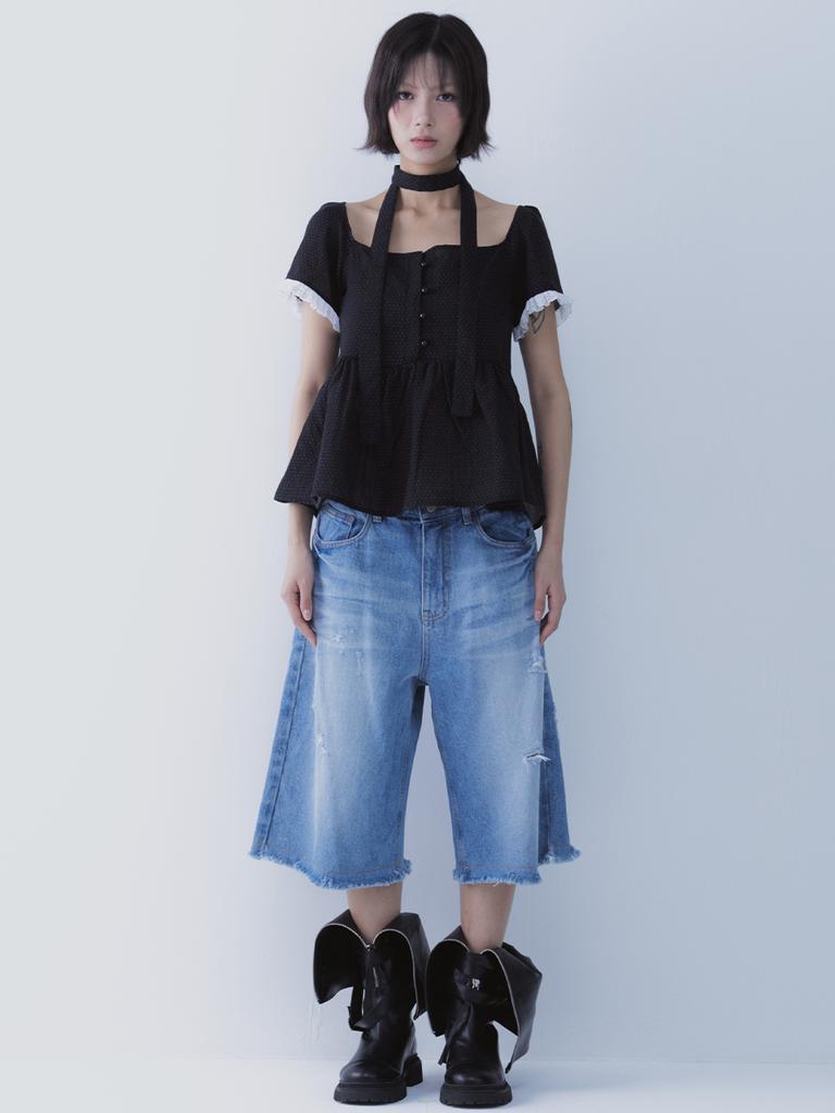 SETSETSET Dot Muffler Flared Blouse
