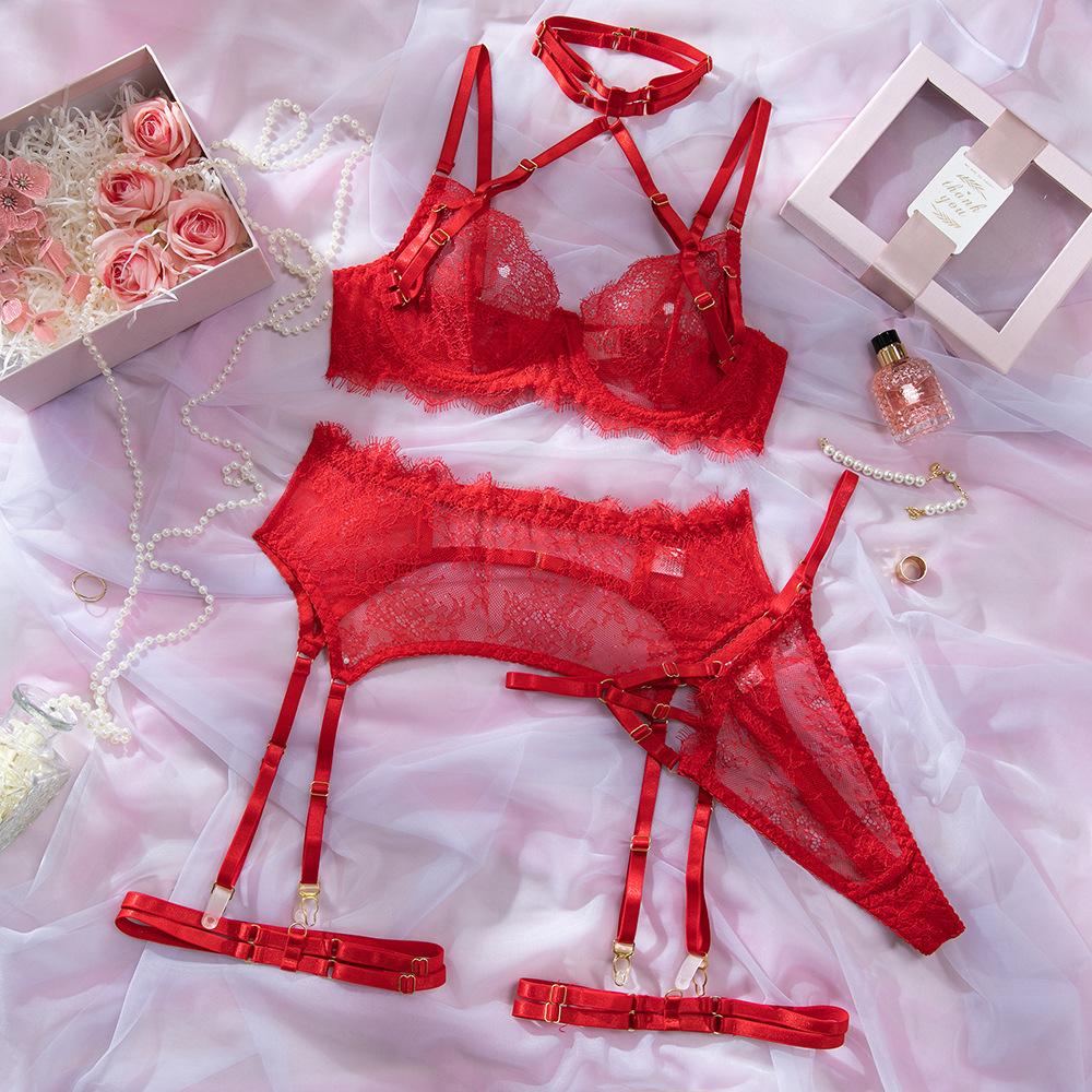 European and American Women’s Sexy Lingerie Set, Lace Eyelash Trim Sheer Cut-Out Halter Bra with Garter Belt, 4-Piece Erotic Intimate Wear
