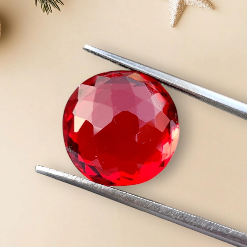 Amazing Chekar Cut Eye Clean Ruby Shade Glass Stone, 5.15 Carat, 12 MM Round Glass Stone, Faceted Round Shape Glass Stone.