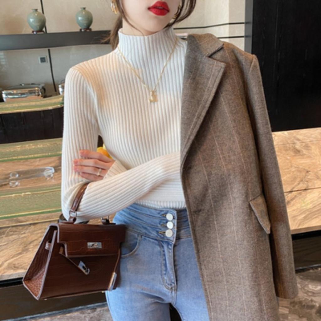 Half Height Collar Vertical Striped Sweater Base Shirt, Women's Spring and Autumn Long Sleeved Top, Inner Knit Sweater