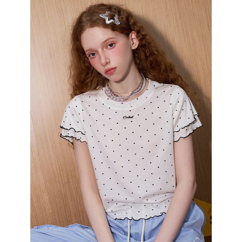Coolhut Polka Dot Lace Round Neck Short-Sleeved T-Shirt 2025 Summer Women's Top Slim Fit Versatile Pure Cotton