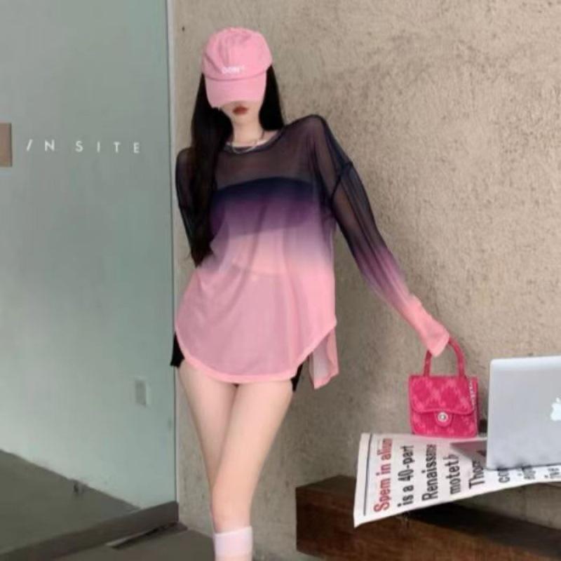 Summer Hollow Backless Strap T-shirt Thin Gradient Ice Silk Loose Sunscreen Clothing Vintage Goth Women Shirts Sexy Tops