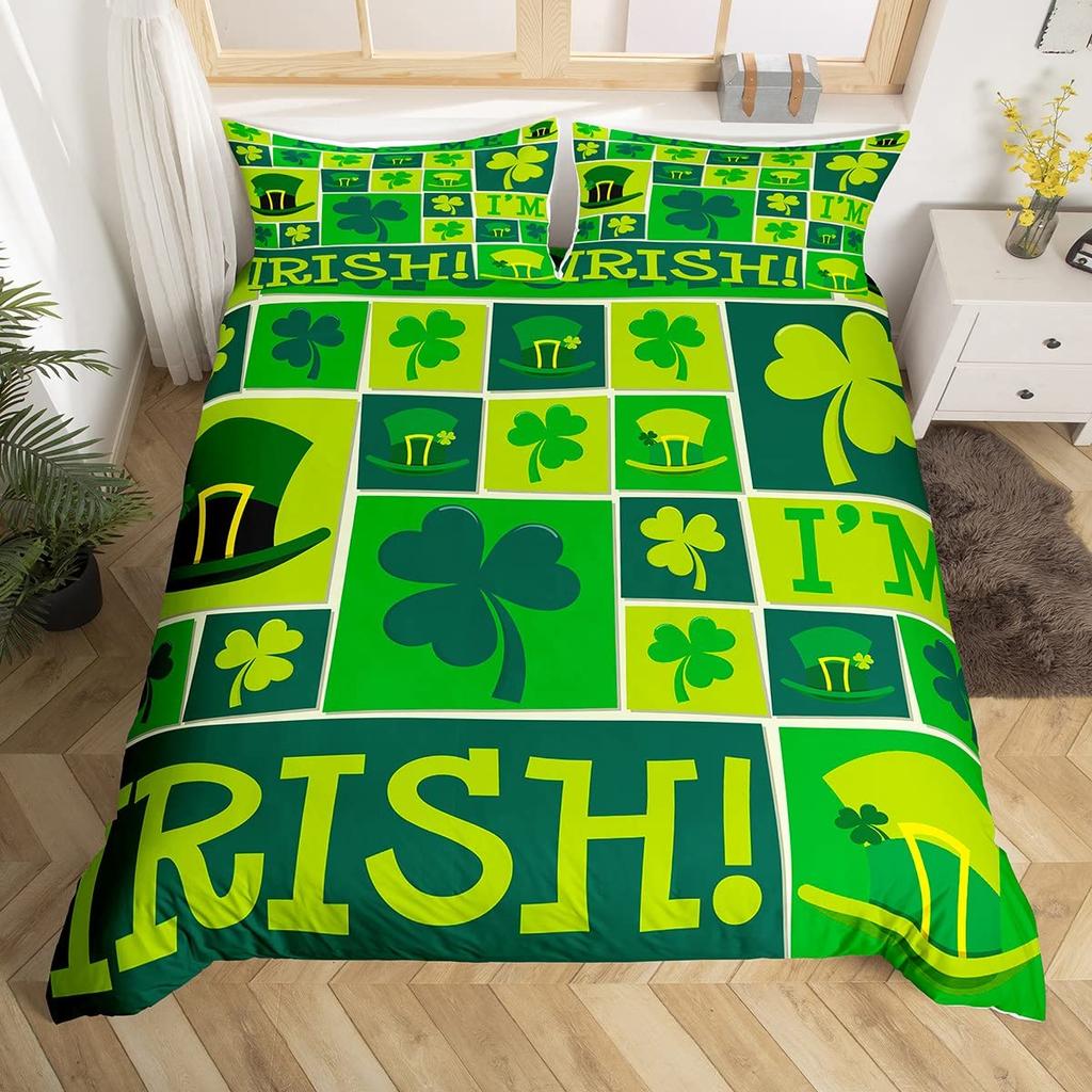 St. Patrick's Day Duvet Cover Cute Cats Rainbow Bedding Set Retro Lucky Clover Polyester Quilt Cover Cute Animal Comforter Cover