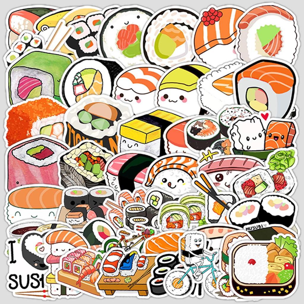 50 Adesivi Sushi Carini Stile Fresco per Quaderni, Valigie o Borracce