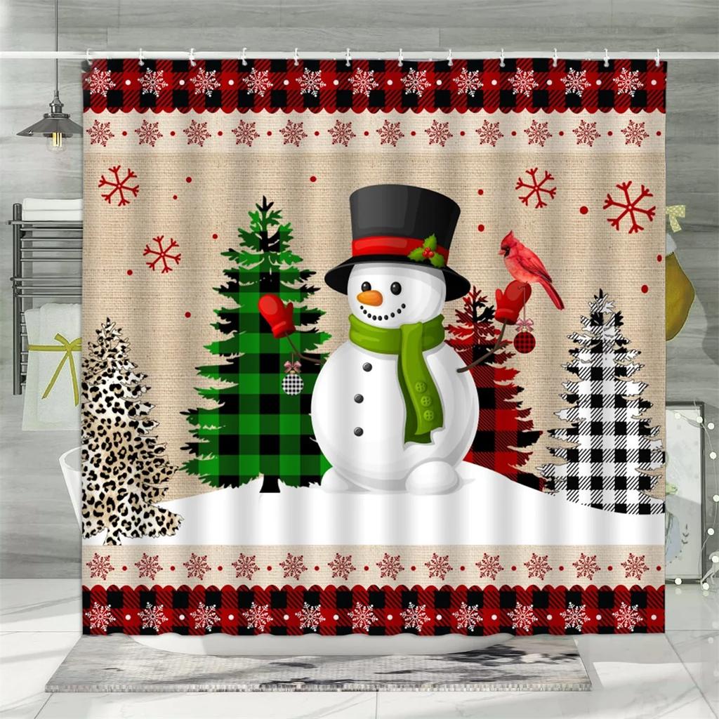 Christmas Shower Curtain, Winter Snowman Santa Claus Gnome Farm Farmhouse Cartoon Truck Christmas Tree Snowflake Bathroom Decor