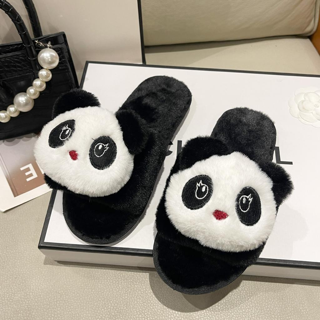 Cartoon Panda Herbst- und Winter-Baumwollpantoffeln Haushalt Niedliche Indoor-Plüschpantoffeln Rutschfeste Flache Sohle Flauschige Einwort-Pantoffeln
