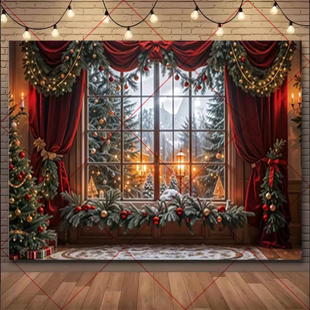 Christmas Winter Background Vintage fireplace Party Decoration Children's Photo Studio Supplies Xmas Tree Lanterns Snowy Scenery