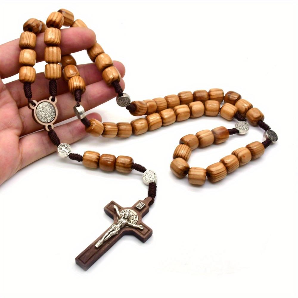 Wood Column-shaped Rope Braided Prayer Beads Cross Necklace Pendant Saint Benedict for Men Women Religious Jewelry