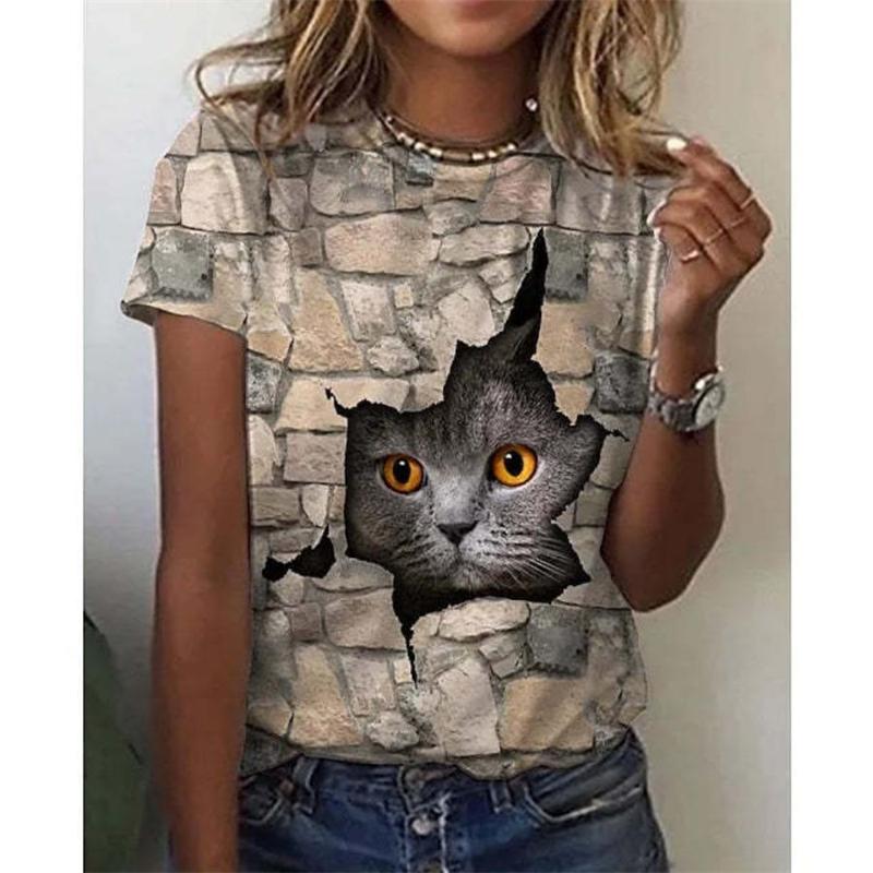 Sommer Damen T-Shirt Kawaii 3D Katze Gedrucktes T-Shirt Damen Mode Kurzarm Oberteil