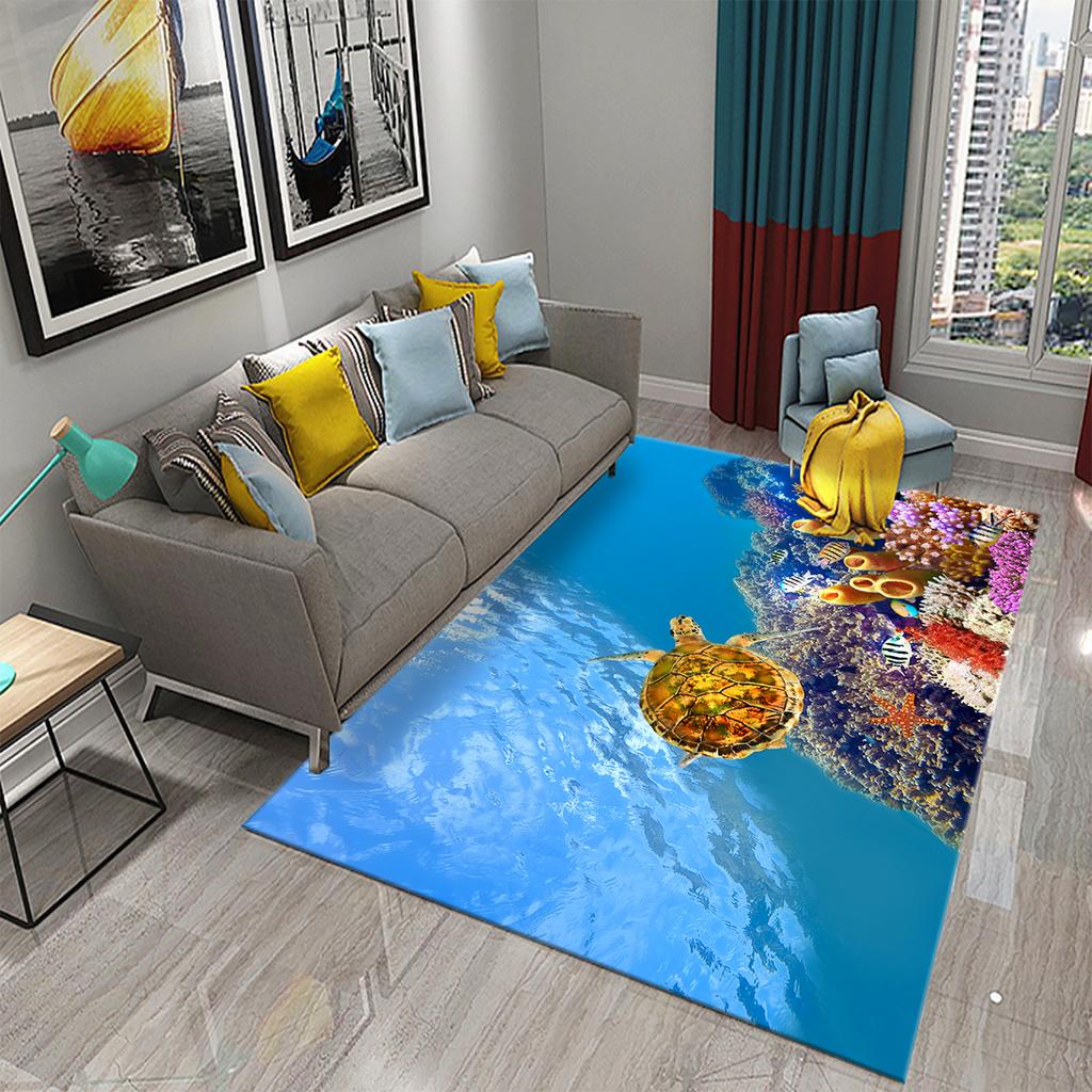 Underwater World Ocean Theme Carpet Cute Dolphin Octopus Sea Turtle Pattern Anti-slip Floor Mat for Living Room Bedroom Bathroom