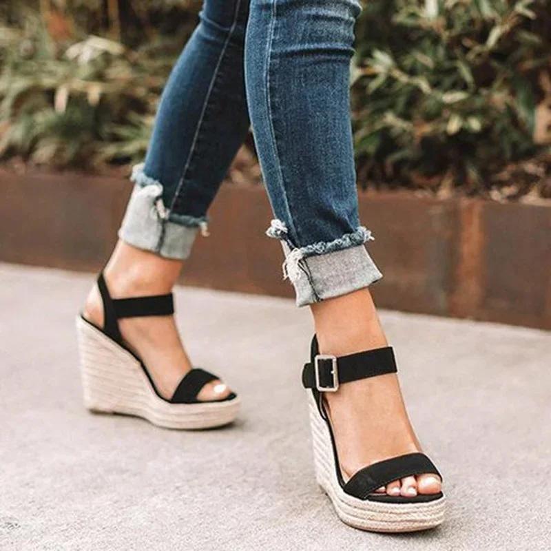 Dolgu Topuk Sandaletler 2024 Moda Örgü Platform Büyük Beden Yüksek Topuk Sandaletler Kalın Taban Retro Açık Burun Kadın Ayakkabıları
