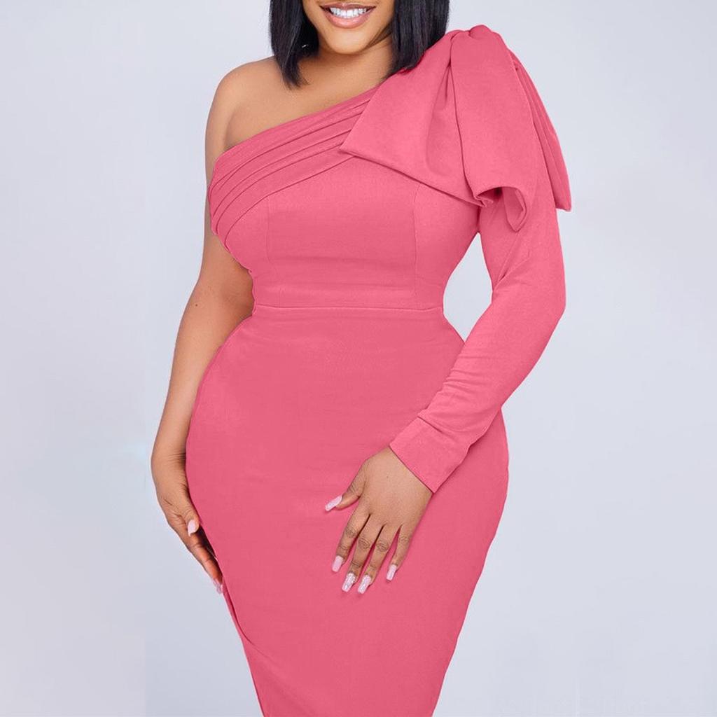 Woman Party Dresses Plus Size Xxxl One Shoulder Long Sleeve Package Hips Mid Calf Sexy Dress