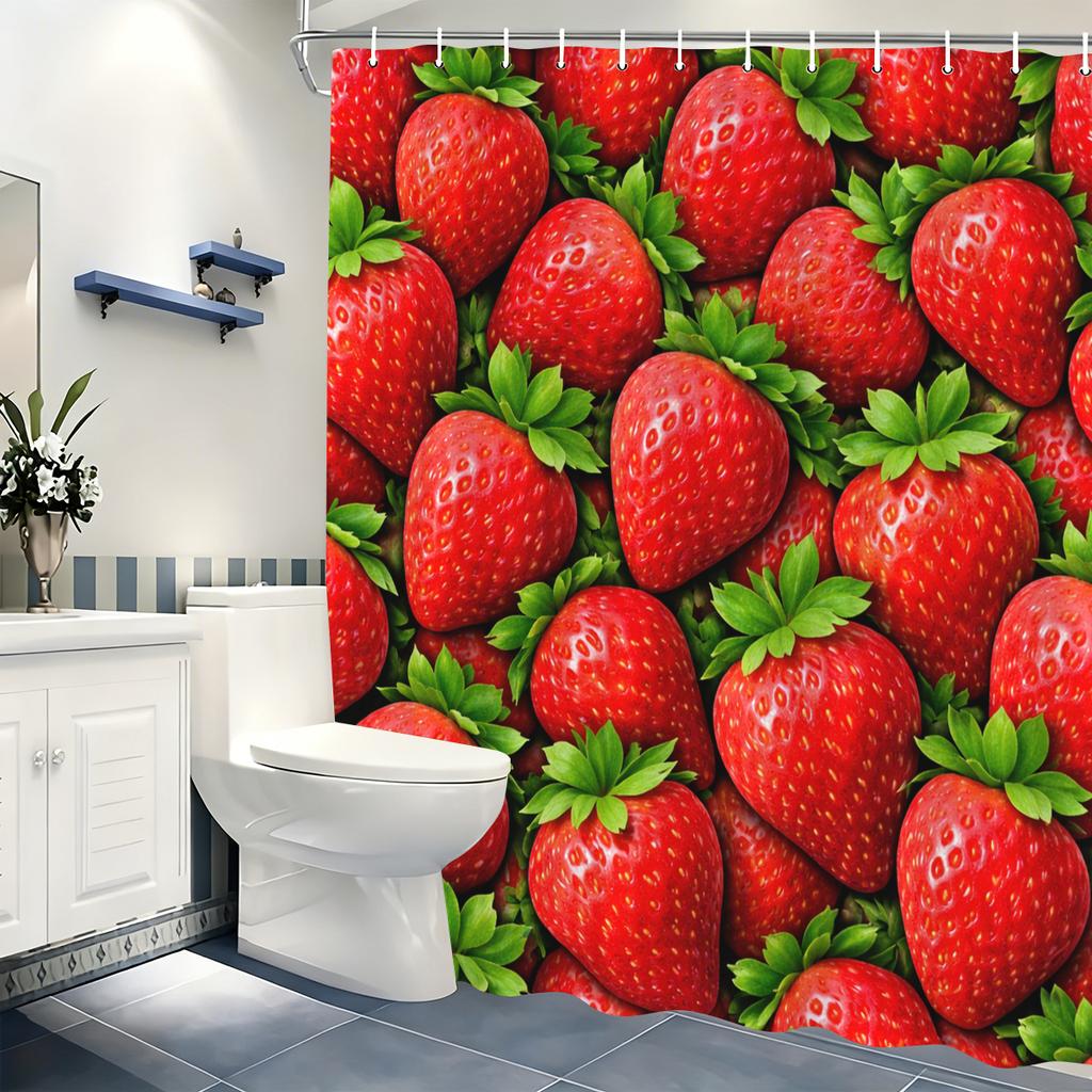 Cute Strawberry Pattern Polyester Shower Curtain - Lovely Bathroom Decor, Stylish Bath Linen For Home Guest Room & Apartment
