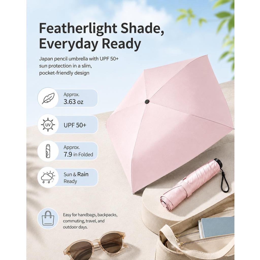 Women's Ultra Light 5-Rib Fold Travel Umbrella with Thickened Black Coating, 91cm Large Canopy, Windproof, Portable for Commuting and Beach