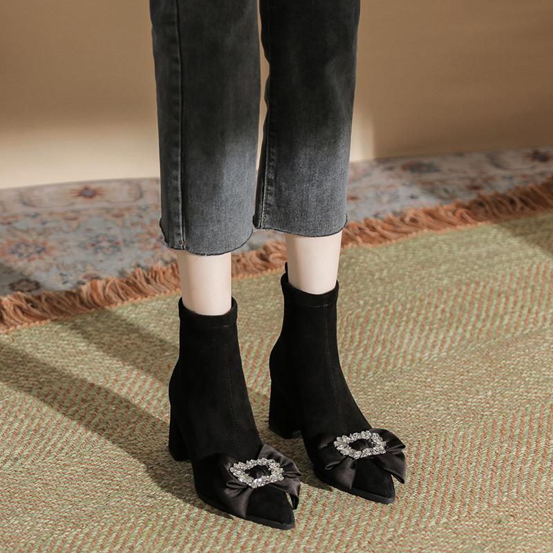 

H768-11 нишевые ботинки до середины голени с бантом, осенне-зимние, новые, трендовые, ботинки-носки до середины голени, темпераментные, персонализированные женские ботинки, замша 39 чёрный