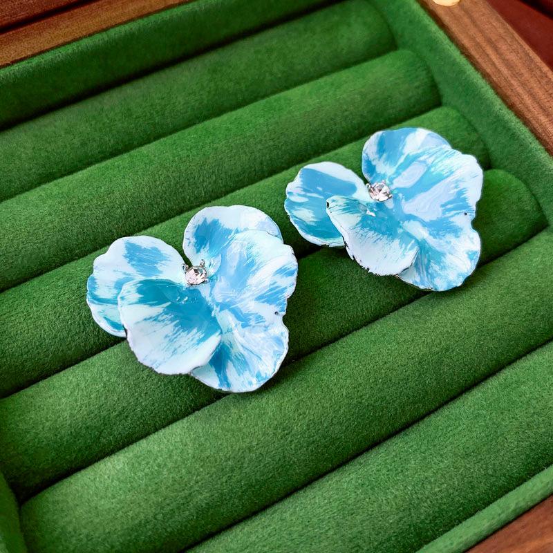 

Drip Diamond Iris Blue Flower Silver Needle Earrings Fashion Internet celebrity temperament earrings