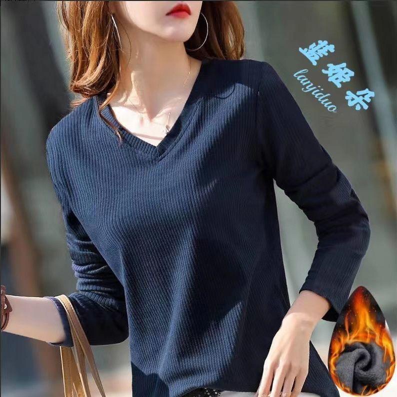 

Футболка с длинным рукавом и V-образным вырезом, женская базовая рубашка с V-образным вырезом, универсальная облегающая и утягивающая базовая рубашка для женщин M тёмно-синий