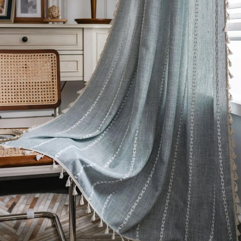 Bohemian Style Khaki Geometric Tassel Curtains Semi Blackout Curtains for Living Room Bedroom Kitchen Home Decoration Curtains