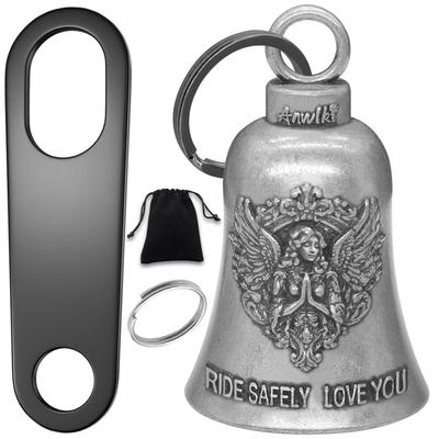 Anwlki Biker Guardian Lucky Riding Bell Motorcycle Grem Bell with 2 Key Chain Ring Accessories Motorcycle Bell Hanger, Ancient Silver