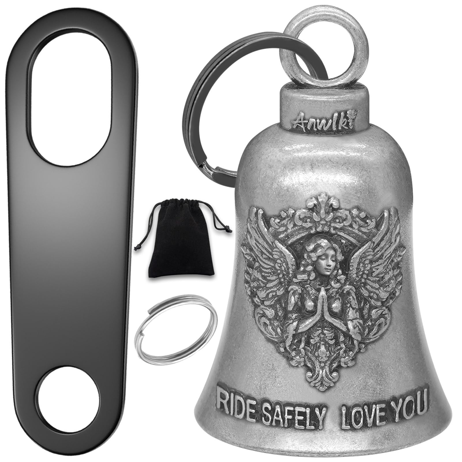 

Anwlki Biker Guardian Lucky Riding Bell Motorcycle Gremlin Bell with 2 Keychain Ring Accessories and Motorcycle Bell Ancient Medium Hanger, Silver,