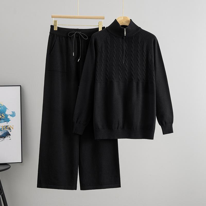 Autumn and Winter Semi-zipper Solid Color Sweater Knitted Femininity Versatile Sweater Wide-leg Pants Set