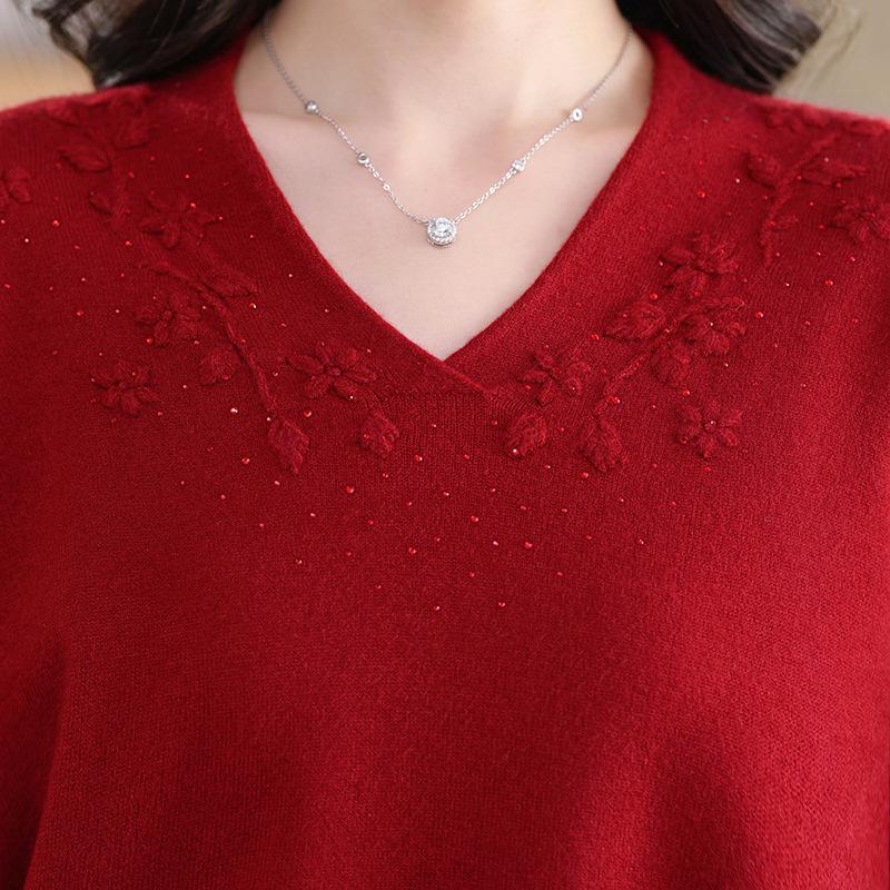 Year of the Rat Women's Red V-neck Jacquard Sweater - Spring/Autumn Pullover