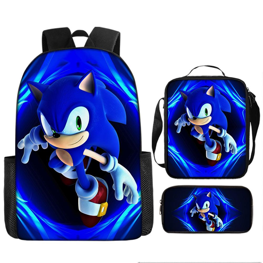 Sonic Primary School Student Schoolbag Three-Piece Set, Animation Cartoon Backpack, Shoulder Bag Pencil Case