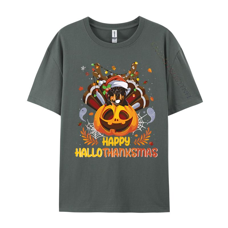 Rottweiler Happy Hallo Thanksmas Halloween Tshirt Vintage Cheerful Cotton Tshirts Blue And White Graphic T Shirts