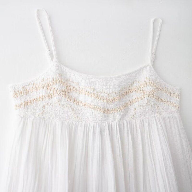 Fashion Style 2024 Autumn New Women's Sling Embroidered Plain Cotton Mid Length Long Length Dress 0881374