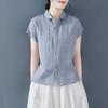 Summer Cotton Linen Shirt Women's Casual Short Sleeve T-shirt 95 Cotton Fashion Top Fly Sleeve Polo Collar Regular Sleeve