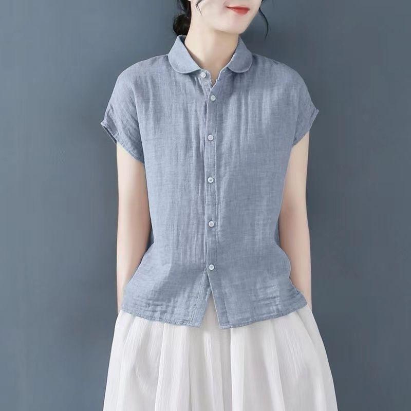 Summer Cotton Linen Shirt Women's Casual Short Sleeve T-shirt 95 Cotton Fashion Top Fly Sleeve Polo Collar Regular Sleeve