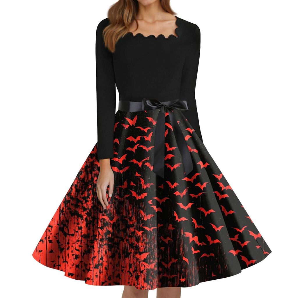 Women's Fashion Square Neck Casual Slim Halloween Printed Long Sleeve Dresses