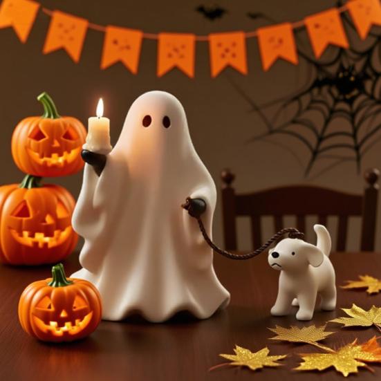 Ghost Pup Candle Holder Cute White Ghost Walking Dog Candlestick Resin Tabletop Figurine for Halloween Home Shelf Desk Decor